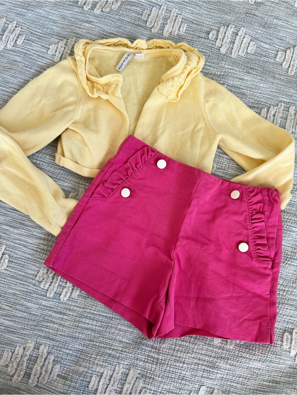 Janie & Jack Yellow Ruffle-Collar Cropped Cardigan and shorts